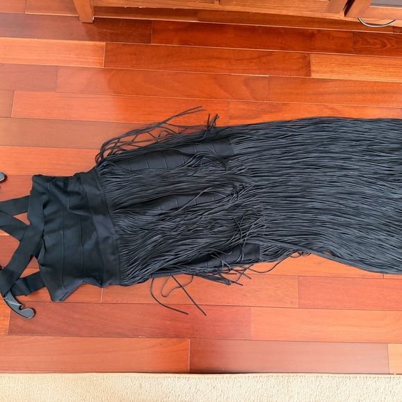 Herve Leger Black Fringe Dress with White Heels - Picture 5 of 6